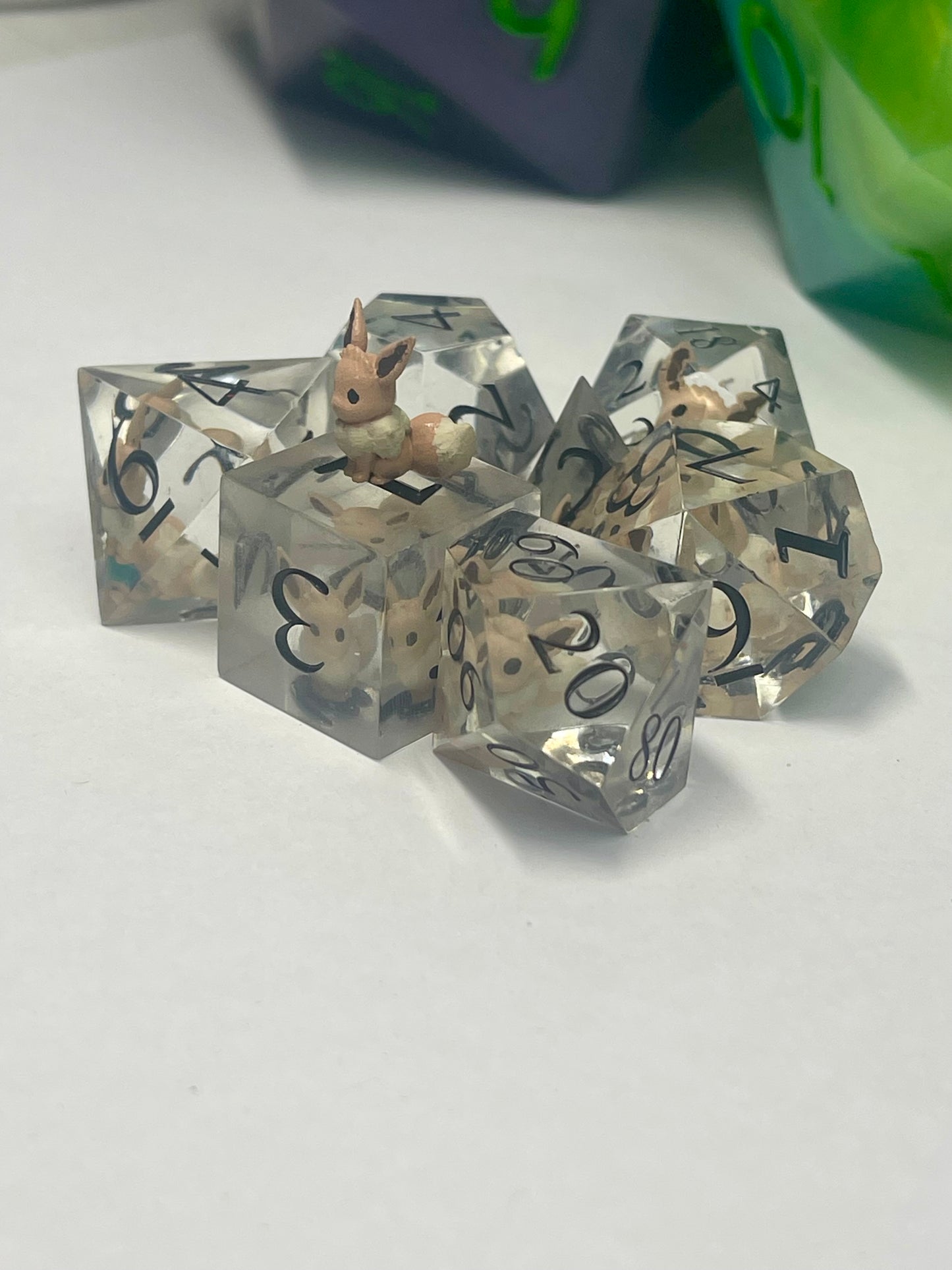 Eevee Dice Set | Handmade Resin Sharp Edge Dice | Pokémon D&D Dice | 7pc TTRPG Dice Gift