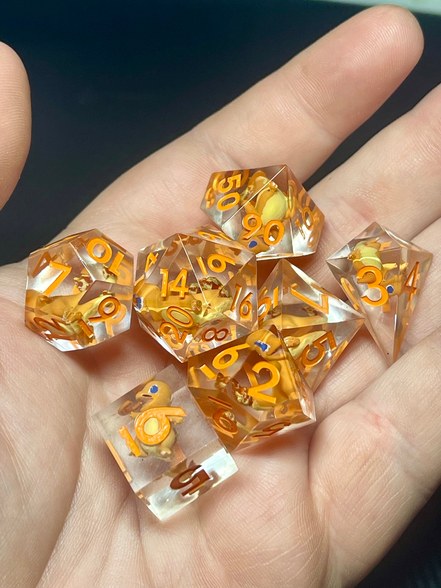 Charmander Handmade Dice Set | D&D Dice | Dnd | 7pc | Dice Set | Resin | Pokemon |
