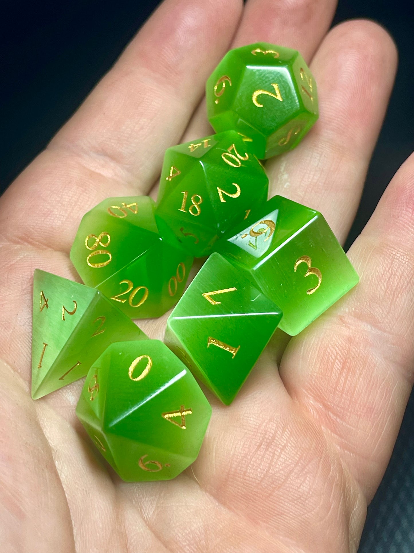 Green Cat Eye Gemstone Dice Set | D&D Dice | Dnd | 7pc | Dice Set | Stone |