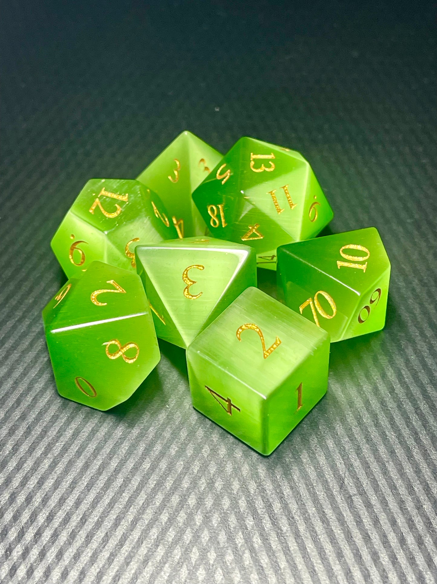 Green Cat Eye Gemstone Dice Set | D&D Dice | Dnd | 7pc | Dice Set | Stone |