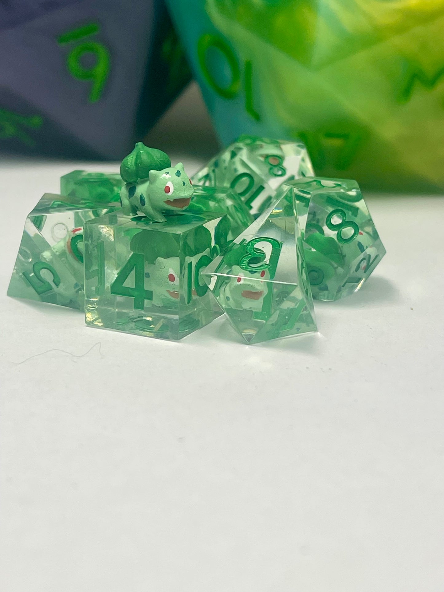 Bulbasaur Dice Set – Handmade Sharp Edge Resin Dice | Pokémon D&D Dice | 7pc TTRPG Dice Set