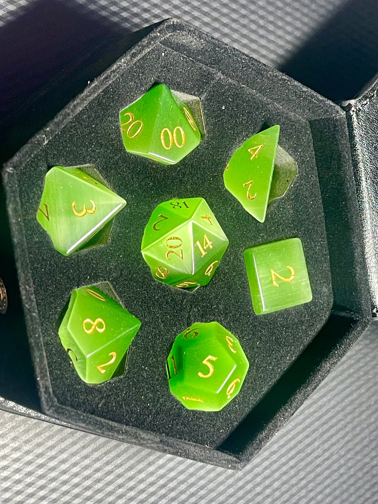 Green Cat Eye Gemstone Dice Set | D&D Dice | Dnd | 7pc | Dice Set | Stone |