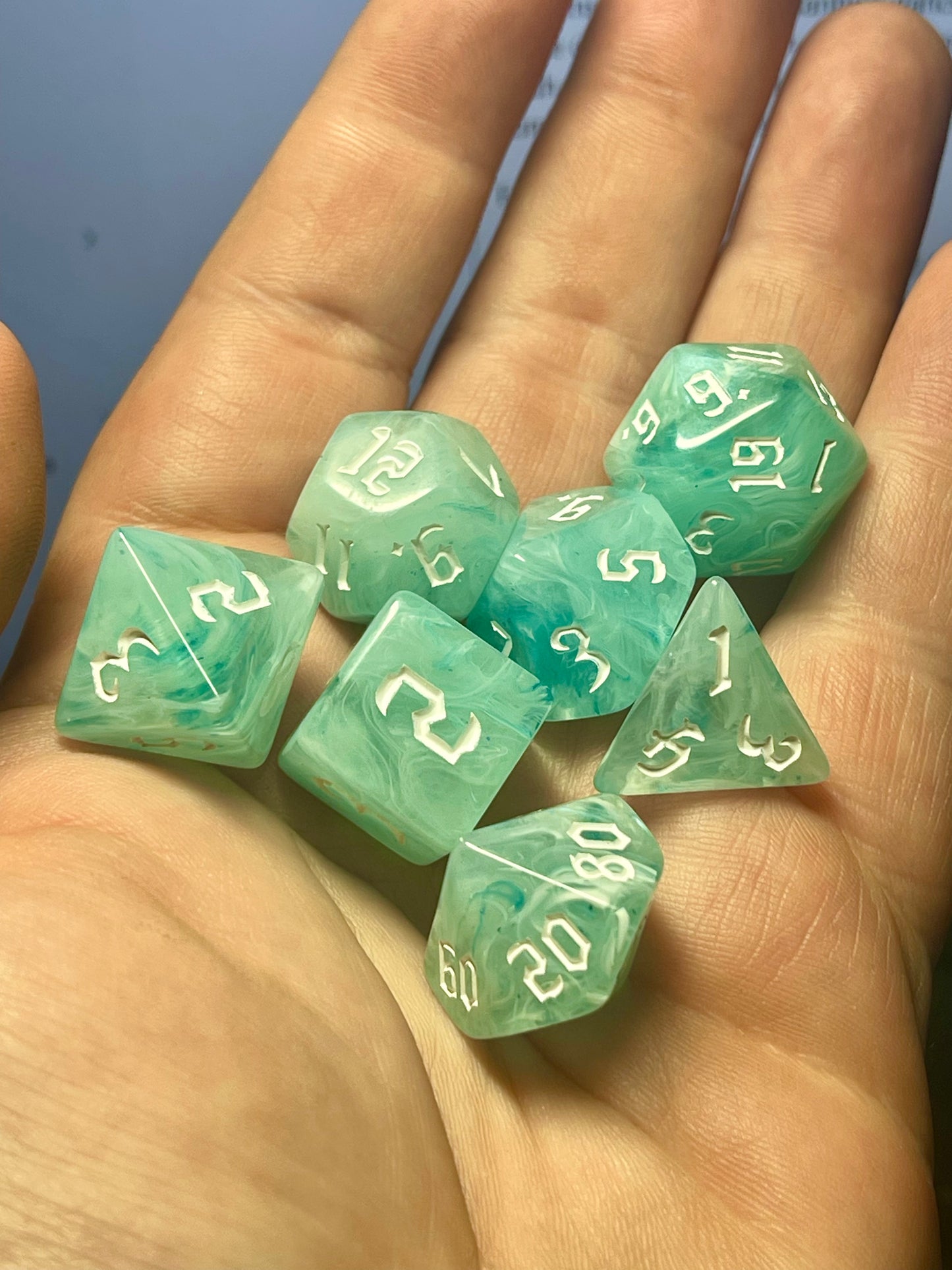 Glacier Mist Dice Set| D&D Dice | Dnd | 7pc | Dice Set | Acrylic Dice | Swirl |