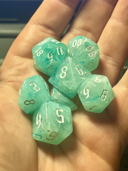 Glacier Mist Dice Set| D&D Dice | Dnd | 7pc | Dice Set | Acrylic Dice | Swirl |