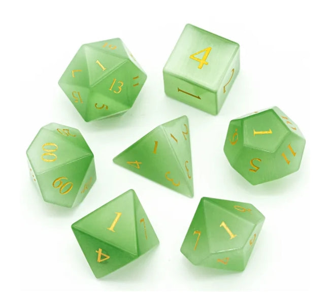 Green Cat Eye Gemstone Dice Set | D&D Dice | Dnd | 7pc | Dice Set | Stone |