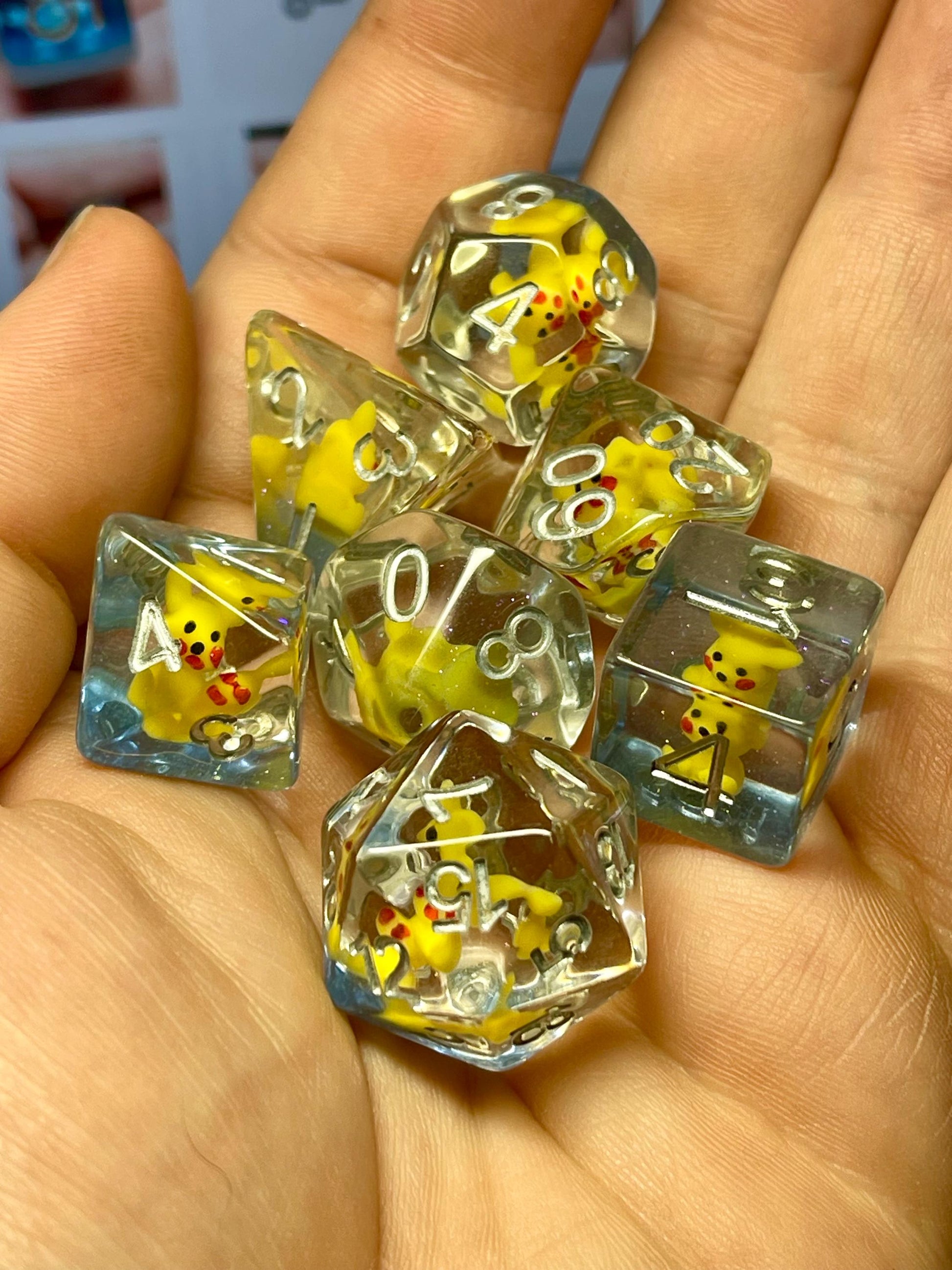 Pikachu Dice | D&D Dice | Pokemon | Dnd | 7pc | Dice Set | Resin Dice | Glitter |