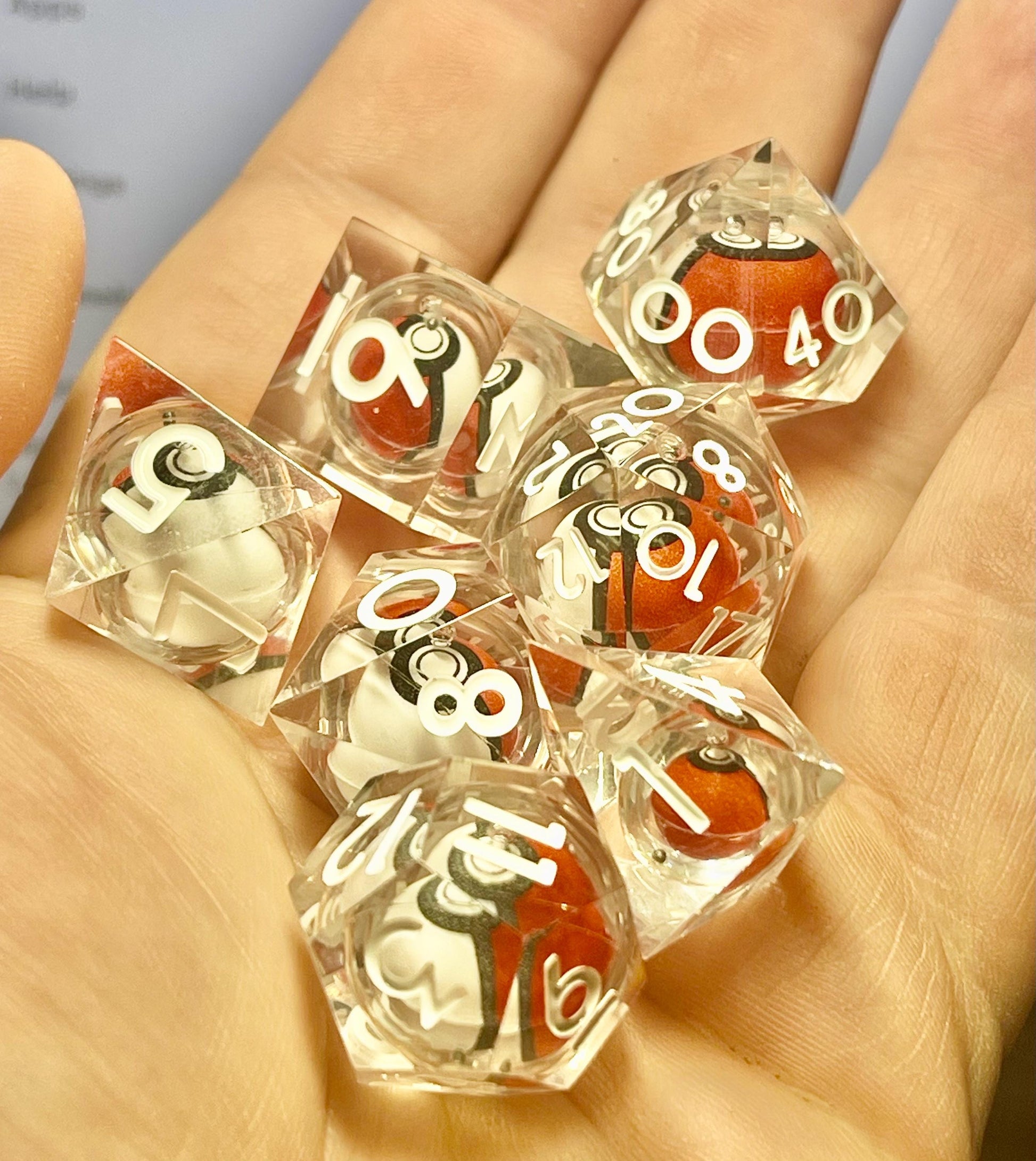 Pokeball Handmade Liquid core Sharp Edge Resin Dice Set Handmade | D&D Dice | Pokemon | Dnd | 7pc | Dice Set | Resin Dice | Glitter |