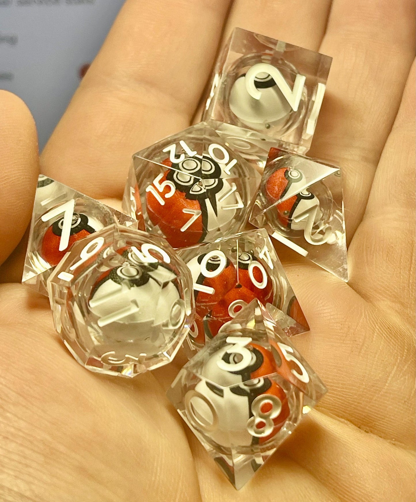 Pokeball Handmade Liquid core Sharp Edge Resin Dice Set Handmade | D&D Dice | Pokemon | Dnd | 7pc | Dice Set | Resin Dice | Glitter |