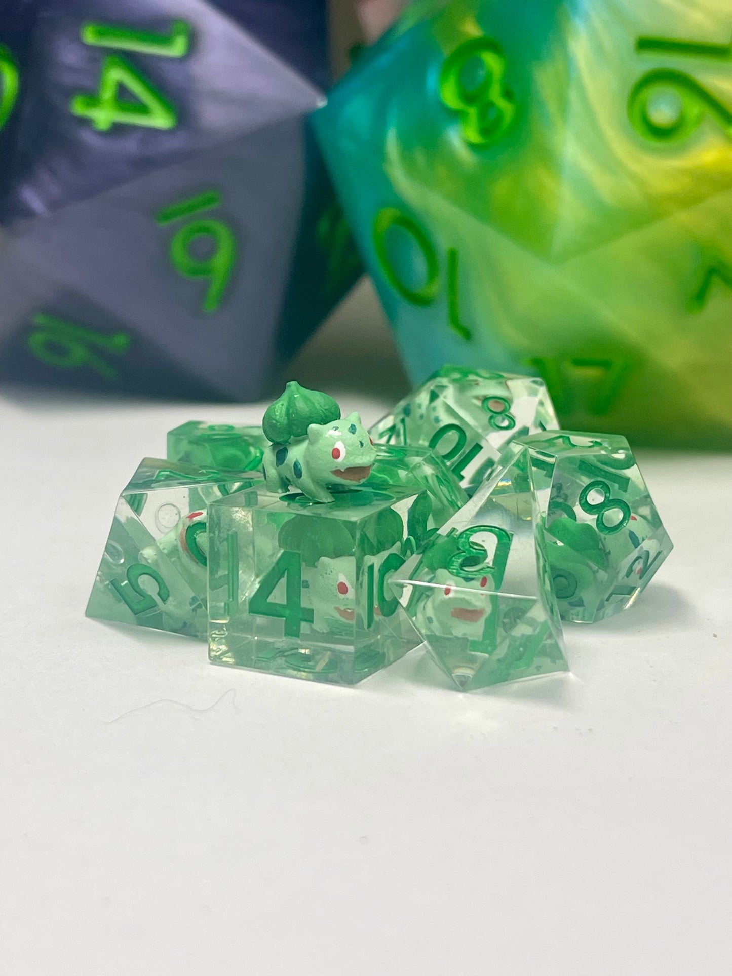 Bulbasaur Dice Set – Handmade Sharp Edge Resin Dice | Pokémon D&D Dice | 7pc TTRPG Dice Set
