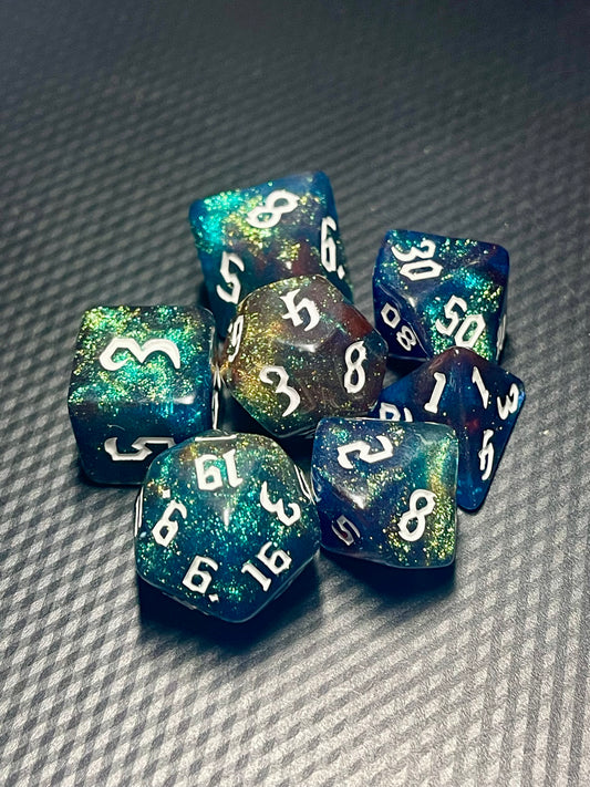 Nebula's Embrace Dice Set| D&D Dice | Dnd | 7pc | Dice Set | Acrylic Dice | Swirl | Glitter |