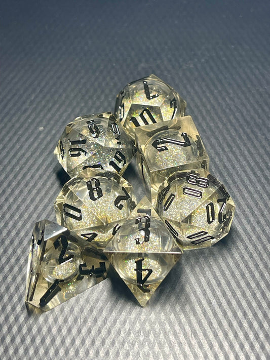 Obsidian Hourglass Handmade Liquid core Sharp Edge Resin Dice Set Handmade | D&D Dice | Dnd | 7pc | Dice Set | Resin Dice | Glitter |