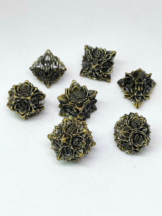 Bronze Lotus Flower Solid Metal Dice Set
