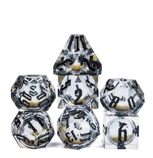 Obsidian Hourglass Handmade Liquid core Sharp Edge Resin Dice Set Handmade | D&D Dice | Dnd | 7pc | Dice Set | Resin Dice | Glitter |