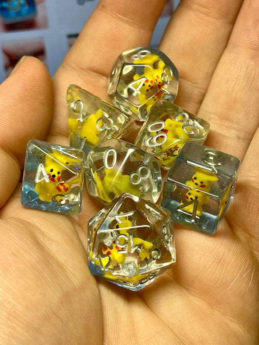 Pikachu Dice | D&D Dice | Pokemon | Dnd | 7pc | Dice Set | Resin Dice | Glitter |