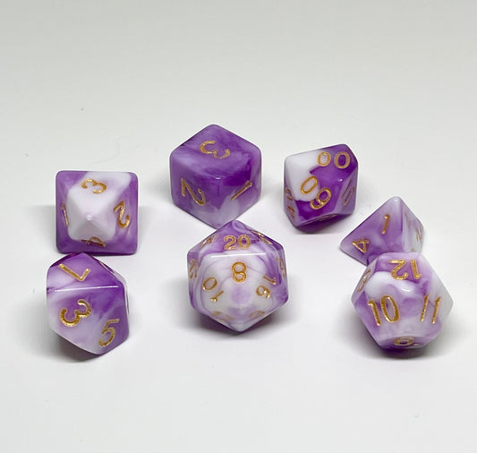 Purple & White Acrylic 7pc Dice Set