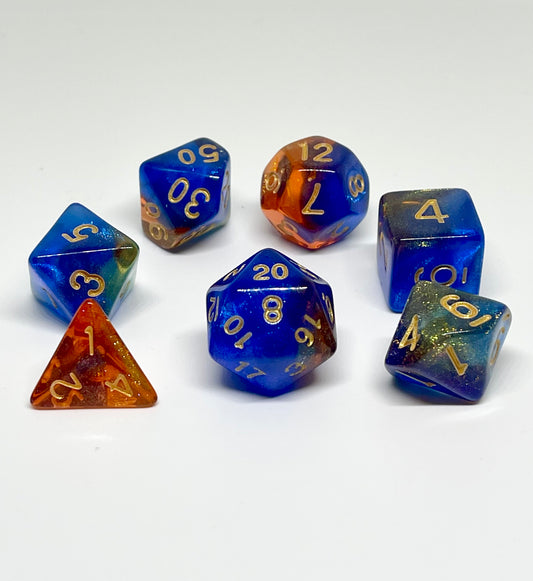 Blue & Orange Nebula Acrylic 7pc Dice Set