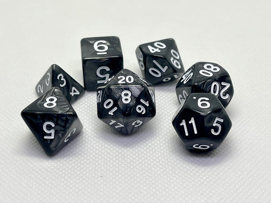 Marble Black with White Numbers Acrylic 7pc Dice Set